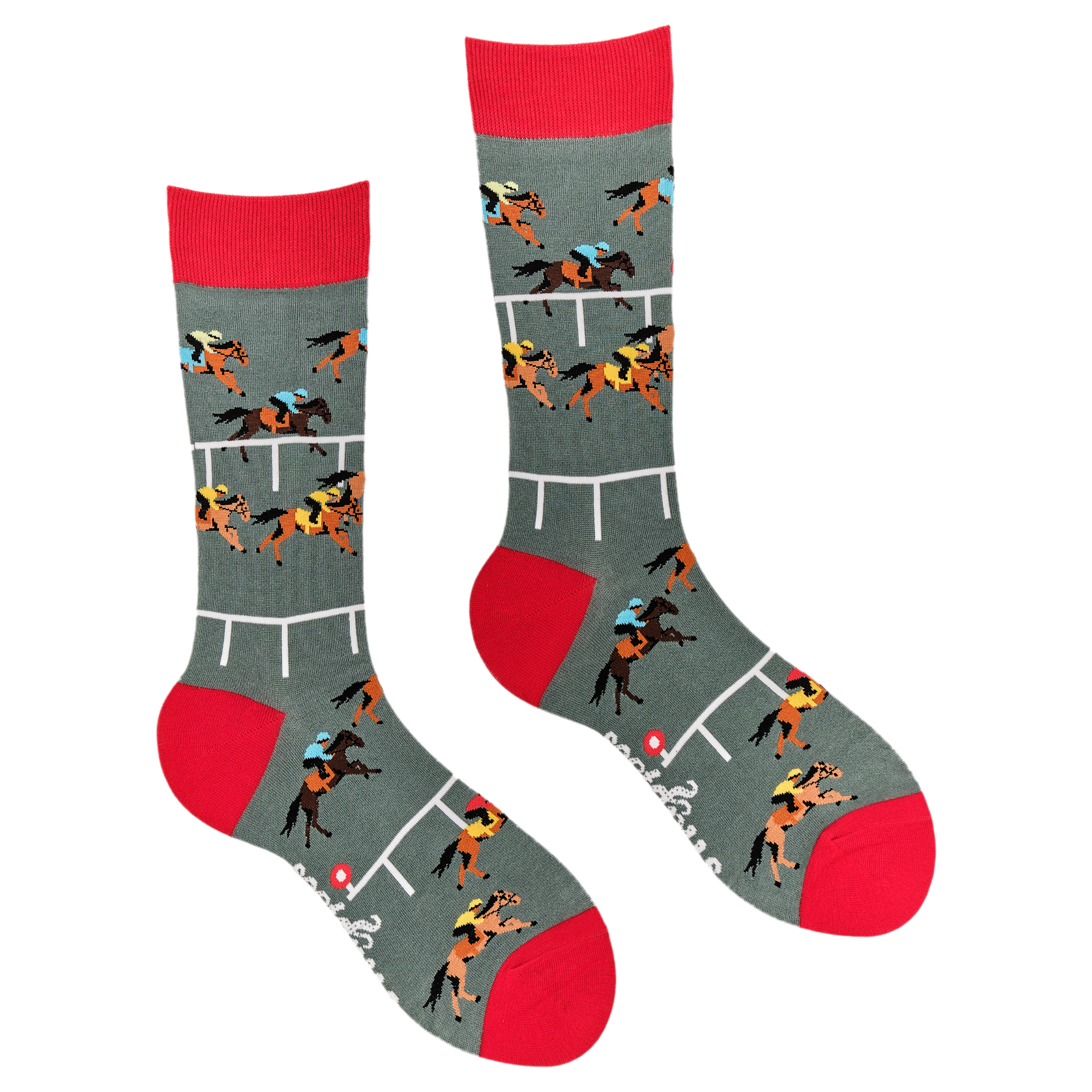 A pair of socks depicting horse racing. Grey legs, red cuff and, heel and toe.
