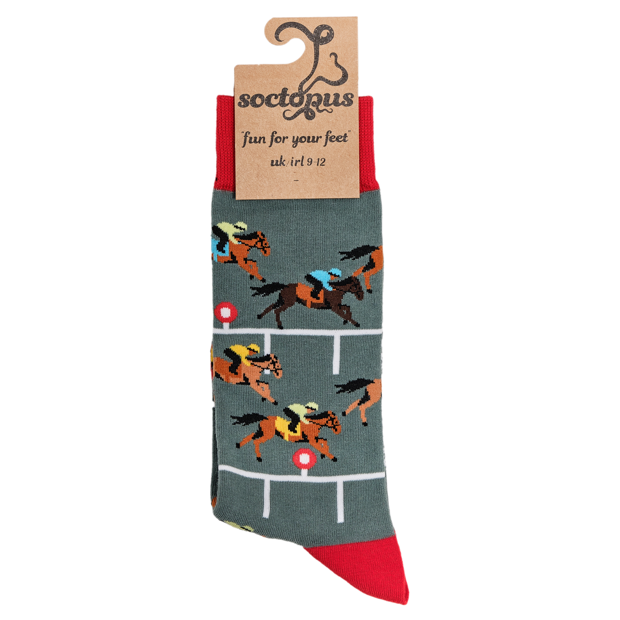 A pair of socks depicting horse racing. Grey legs, red cuff and, heel and toe. In packaging. 