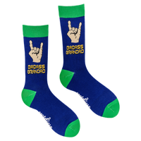 A pair of socks depicting metal horns that say 'Badass Grandad. Blue legs, green cuff, heel and toe.