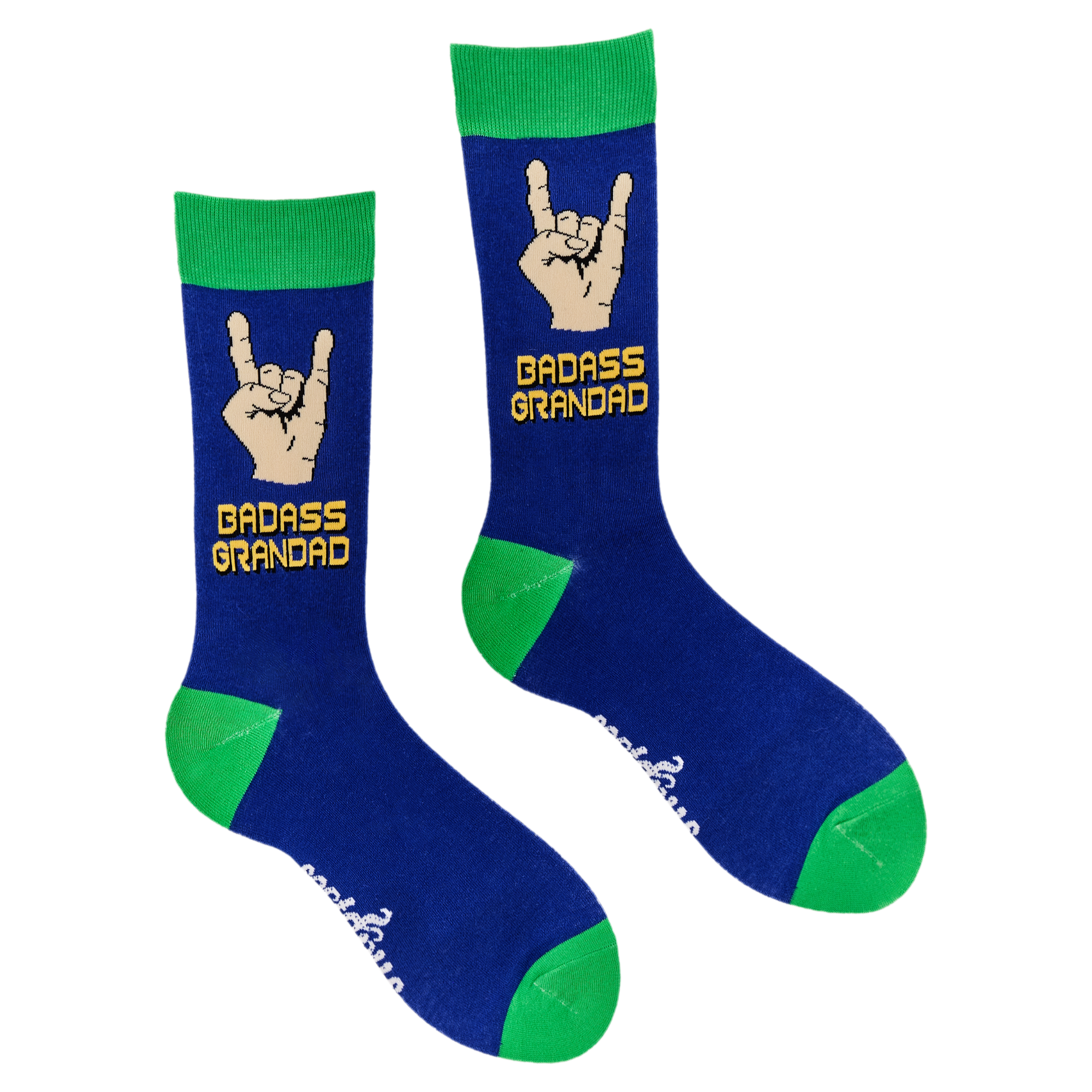 A pair of socks depicting metal horns that say 'Badass Grandad. Blue legs, green cuff, heel and toe.