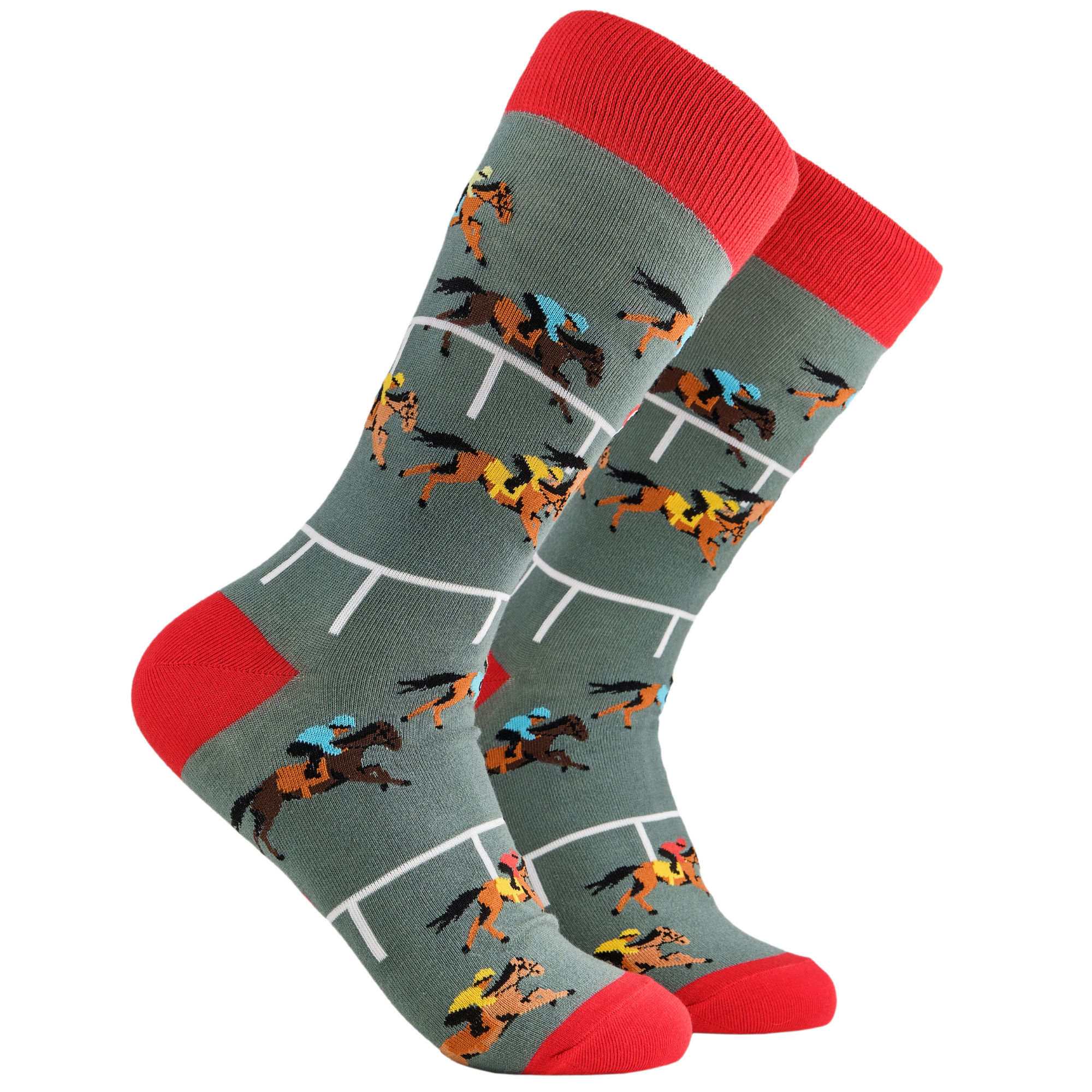 A pair of socks depicting horse racing. Grey legs, red cuff and, heel and toe. 
